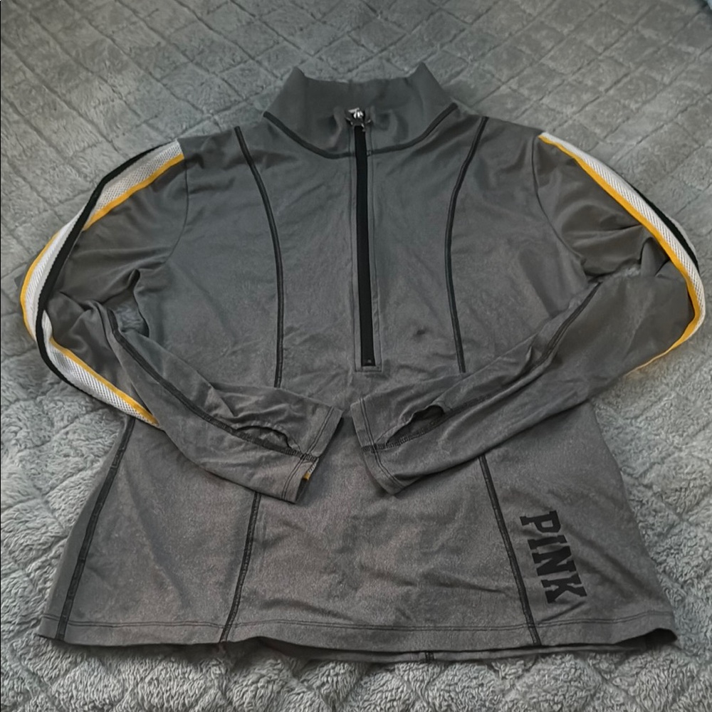 PINK Victoria's Secret Gray and Yellow Quarter-Zip Pullover